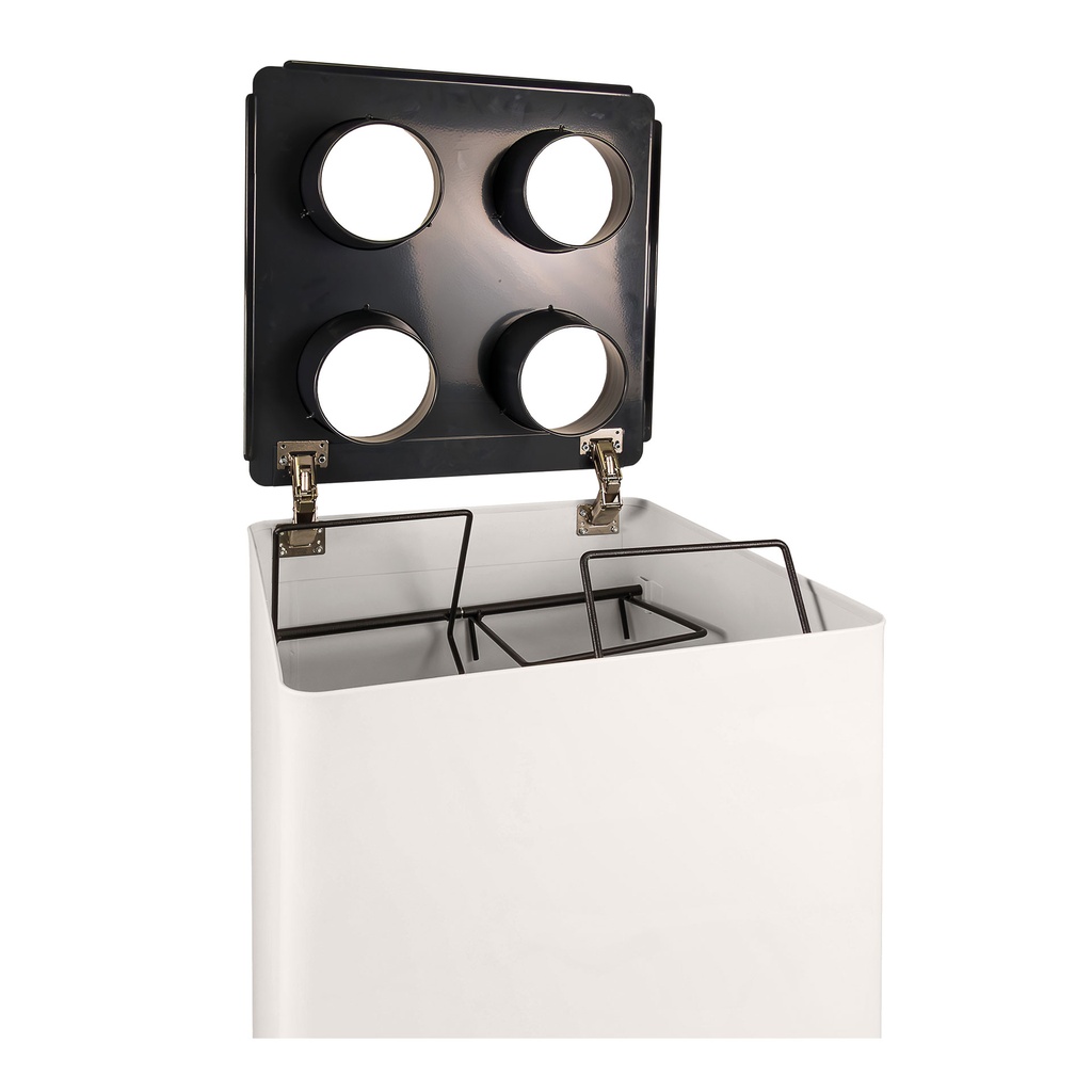 Papelera de reciclaje abierta con 4 compartimentos para bolsas con diferentes tipos de residuo