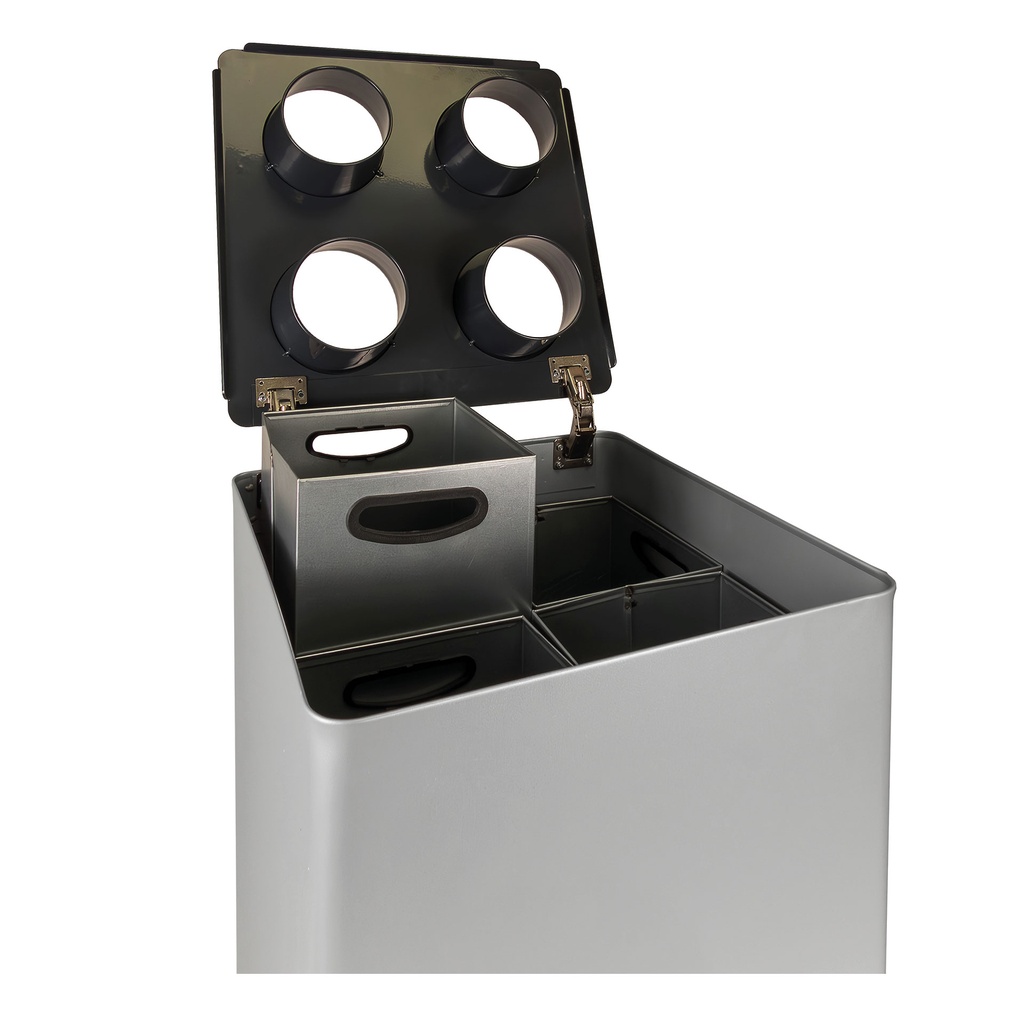 Papelera de reciclaje abierta con 4 compartimentos para cubos con diferentes tipos de residuo