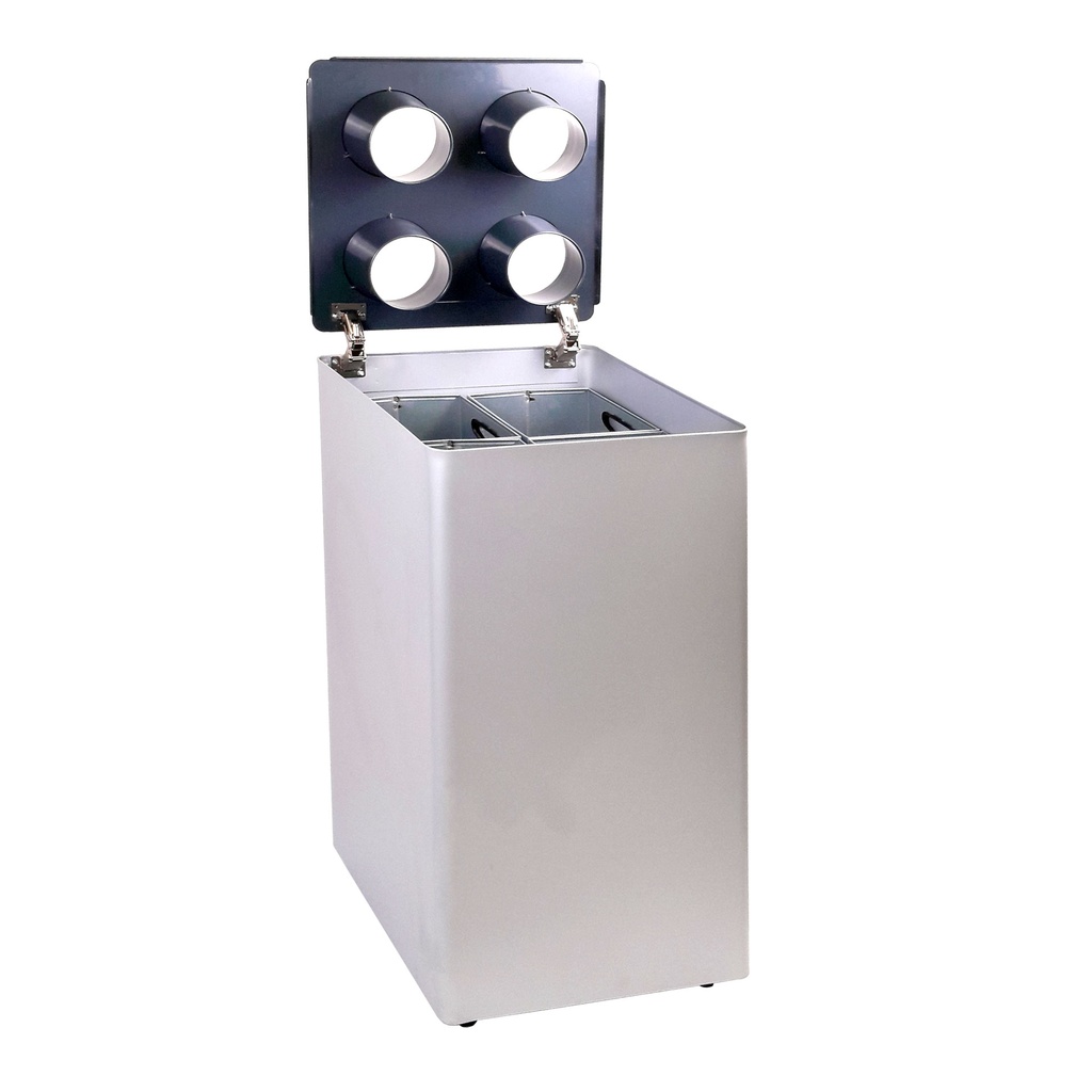 Papelera en color plata para insertar 4 cubos de reciclaje