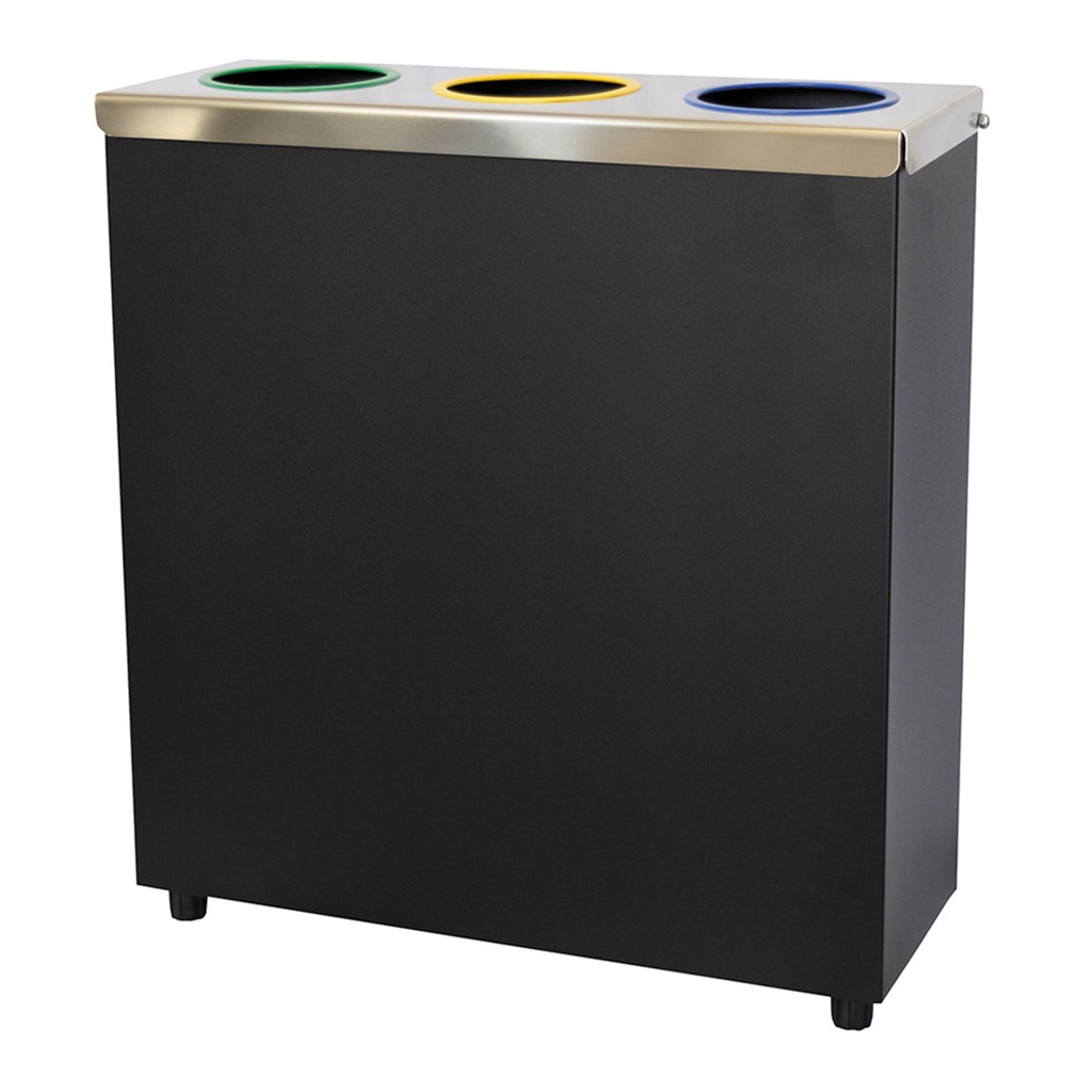 Papelera de reciclaje con 3 compartimentos y cuerpo en color negro