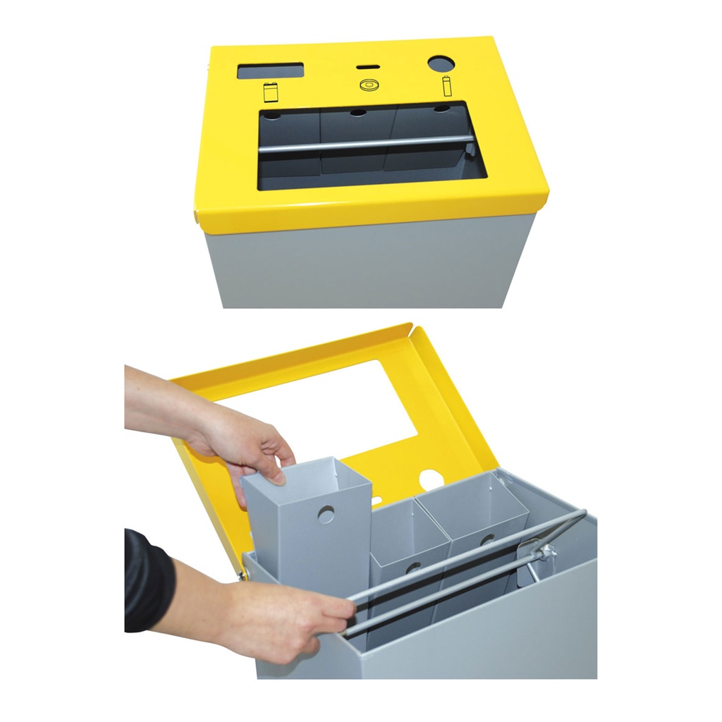 Papelera metálica con tres pequeños compartimentos para rfeciclar 3 tipos de pilas