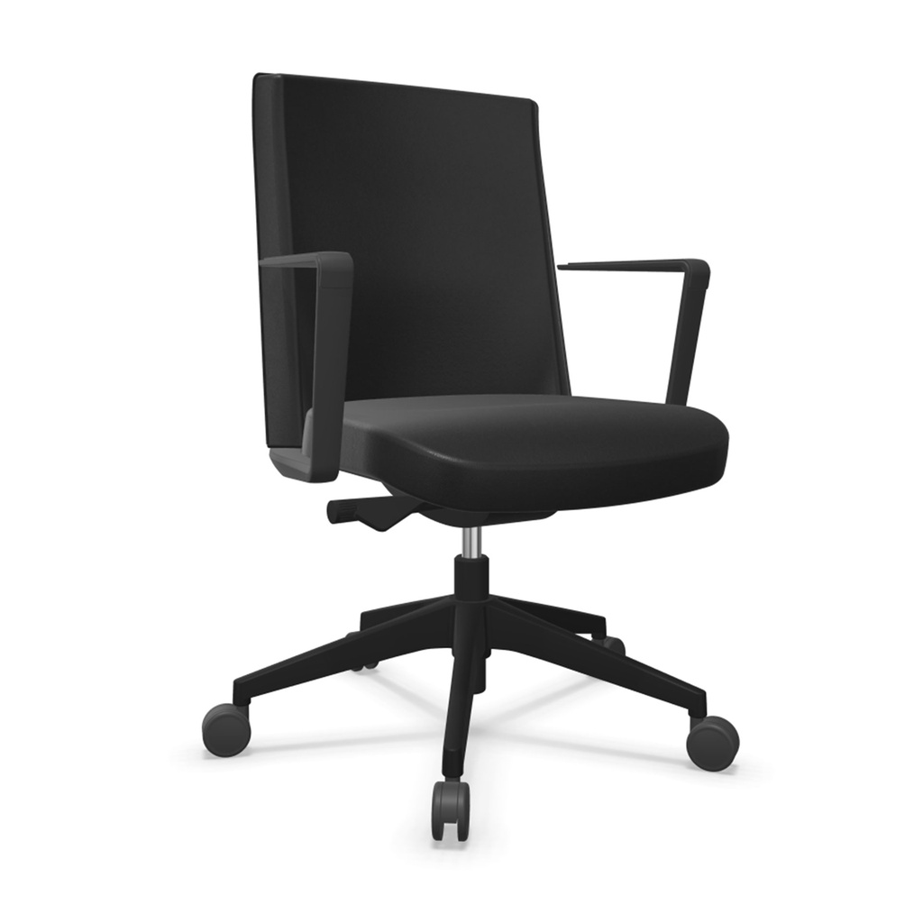 Silla Cron tapizada en piel negra con estructura en aluminio blanco