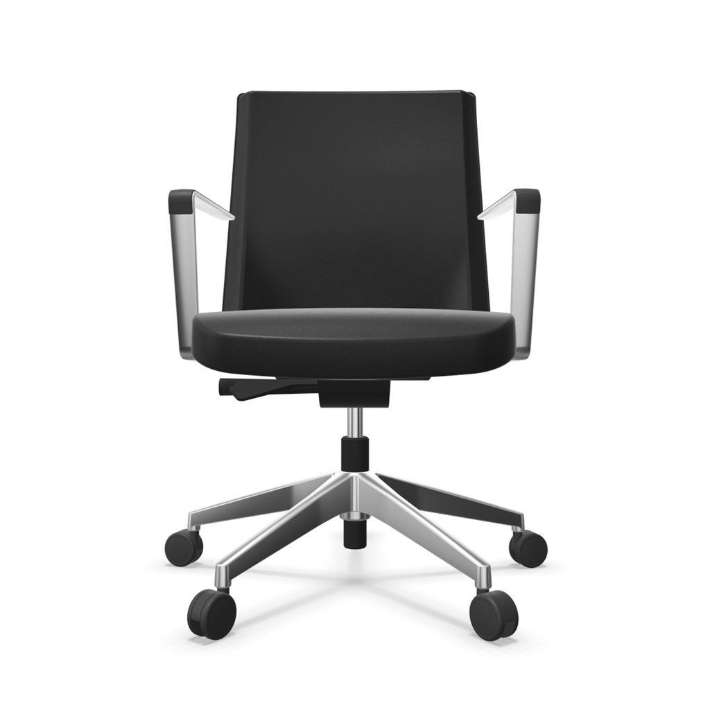 Silla Cron tapizada en piel negra con estructura en aluminio pulido