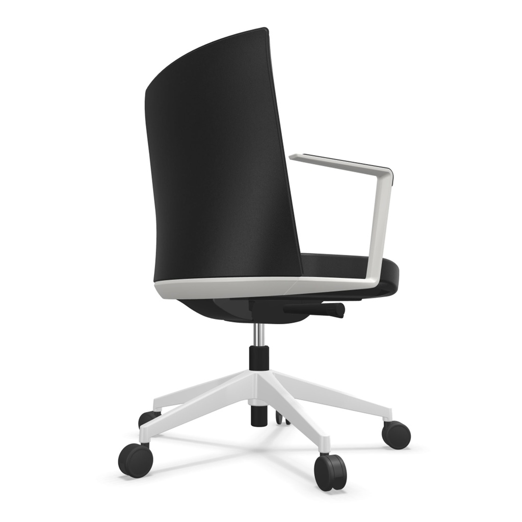 Silla Cron tapizada en piel negra con estructura en aluminio blanco