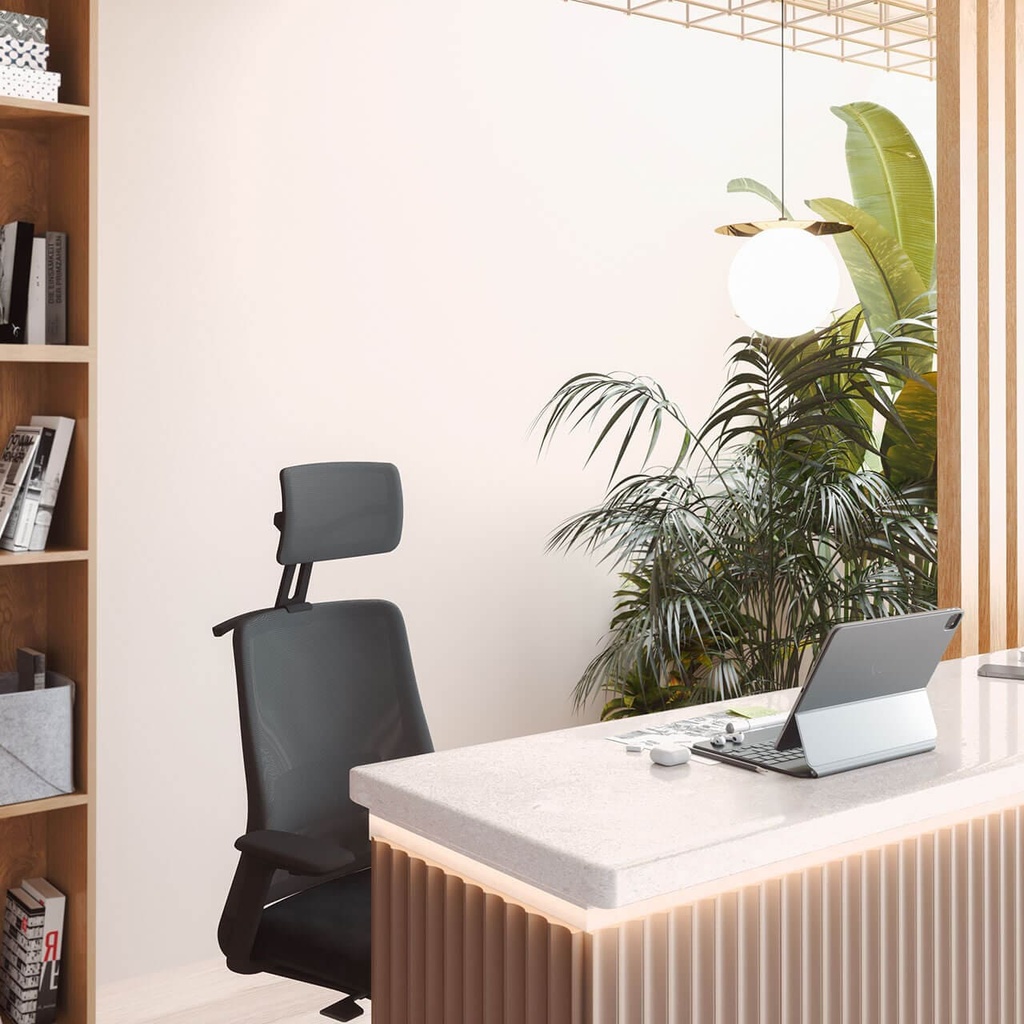 Mostrador  de recepción con silla de malla ergonómica A+S Work negra