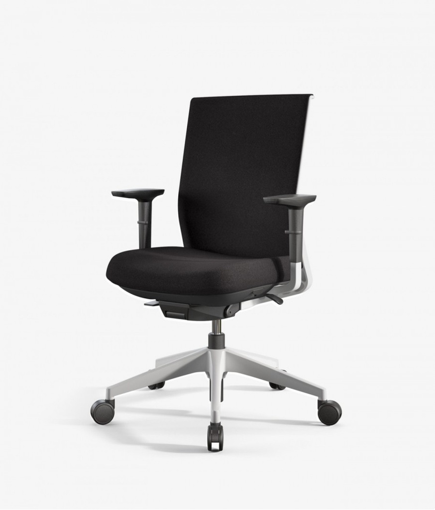 Silla de oficina Stay con respaldo y asiento tapizados en negro y estructura blanca