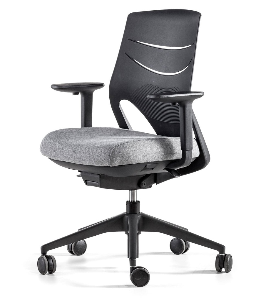 Silla Efit con respaldo y base negros y tapizado gris