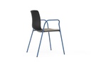 Silla Noom 50 con cuatro patas de acero azules, brazos cerrados, carcasa negra y asiento gris