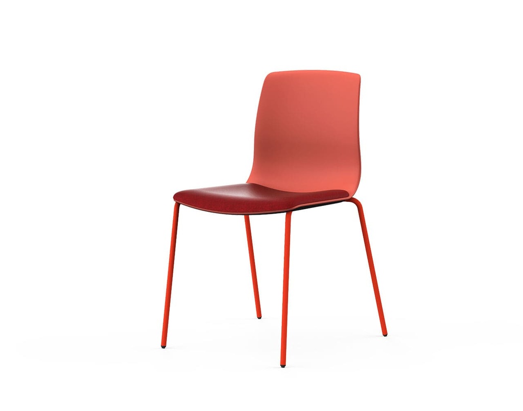 Silla Noom 50 con estructura metálica de 4 patas en tonos cálidos, con asiento tapizado en rojo