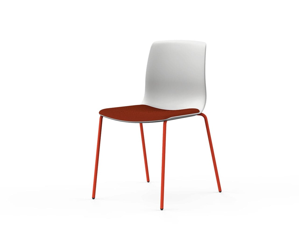Silla Noom 50 con estructura metálica de 4 patas en tonos cálidos, carcasa blanca y asiento tapizado en rojo