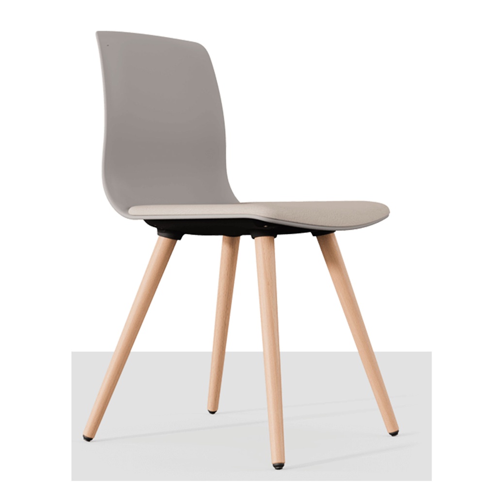 Silla Noom 50 con cuatro patas de madera, carcasa gris y asiento tapizado