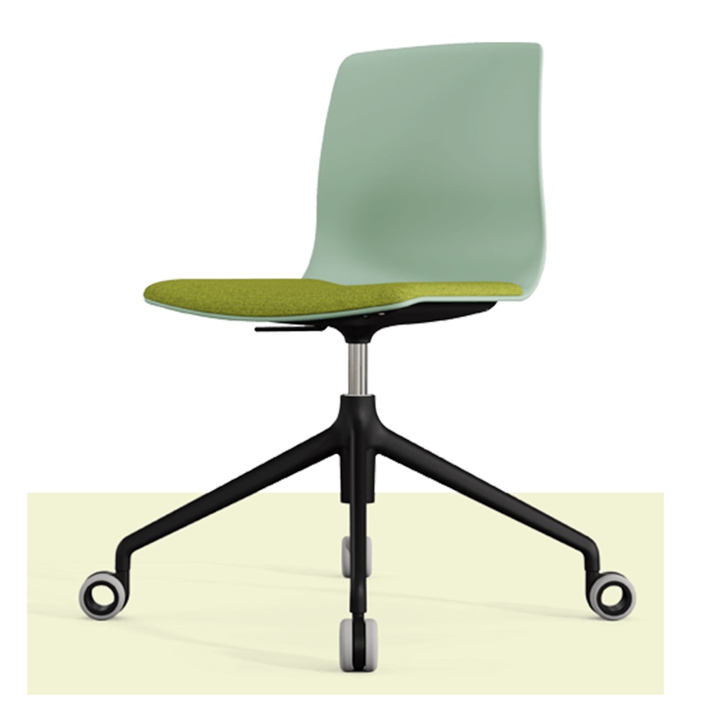 Silla Noom con 4 ruedas en color verde y base de aluminio negra