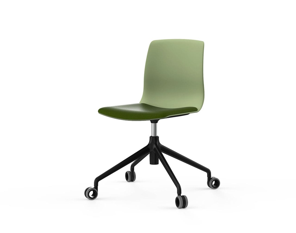 Silla Noom 50 con base de 4 ruedas huecas negra, carcasa verde y asiento tapizado en verde
