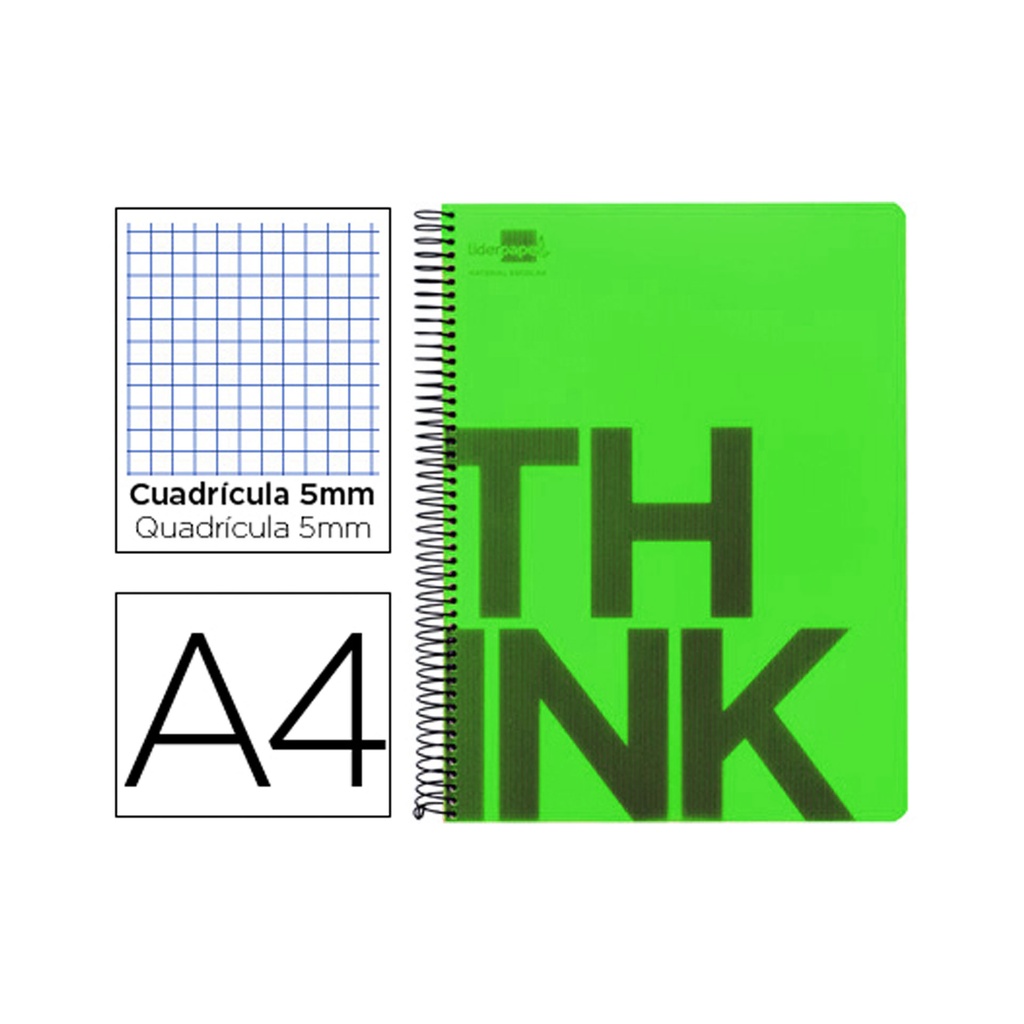 Cuaderno de espiral Folio cuadriculado microperforado tapa plástico 140 hojas Liderpapel Think