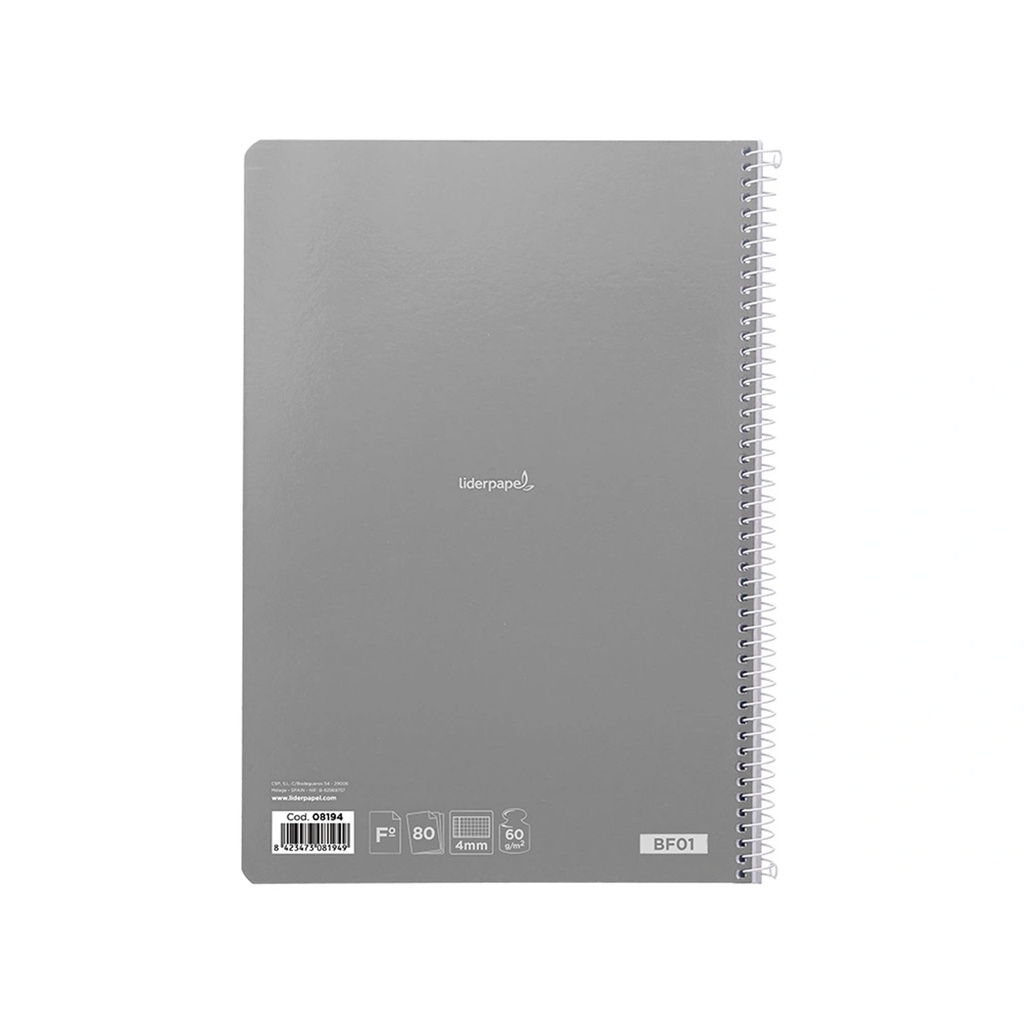 Contraportada del cuaderno de espiral Folio cuadriculado 80 hojas