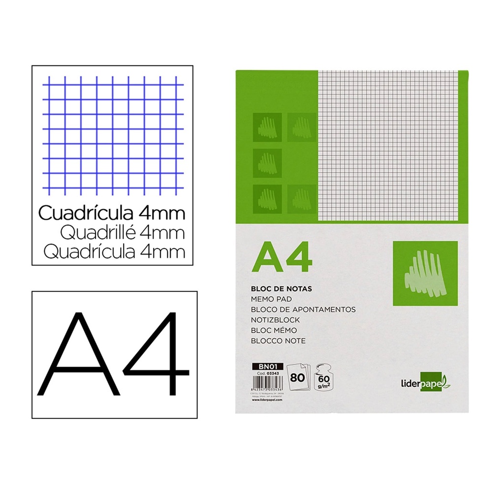 Bloc encolado y microperforado A4 cuadriculado 80 hojas