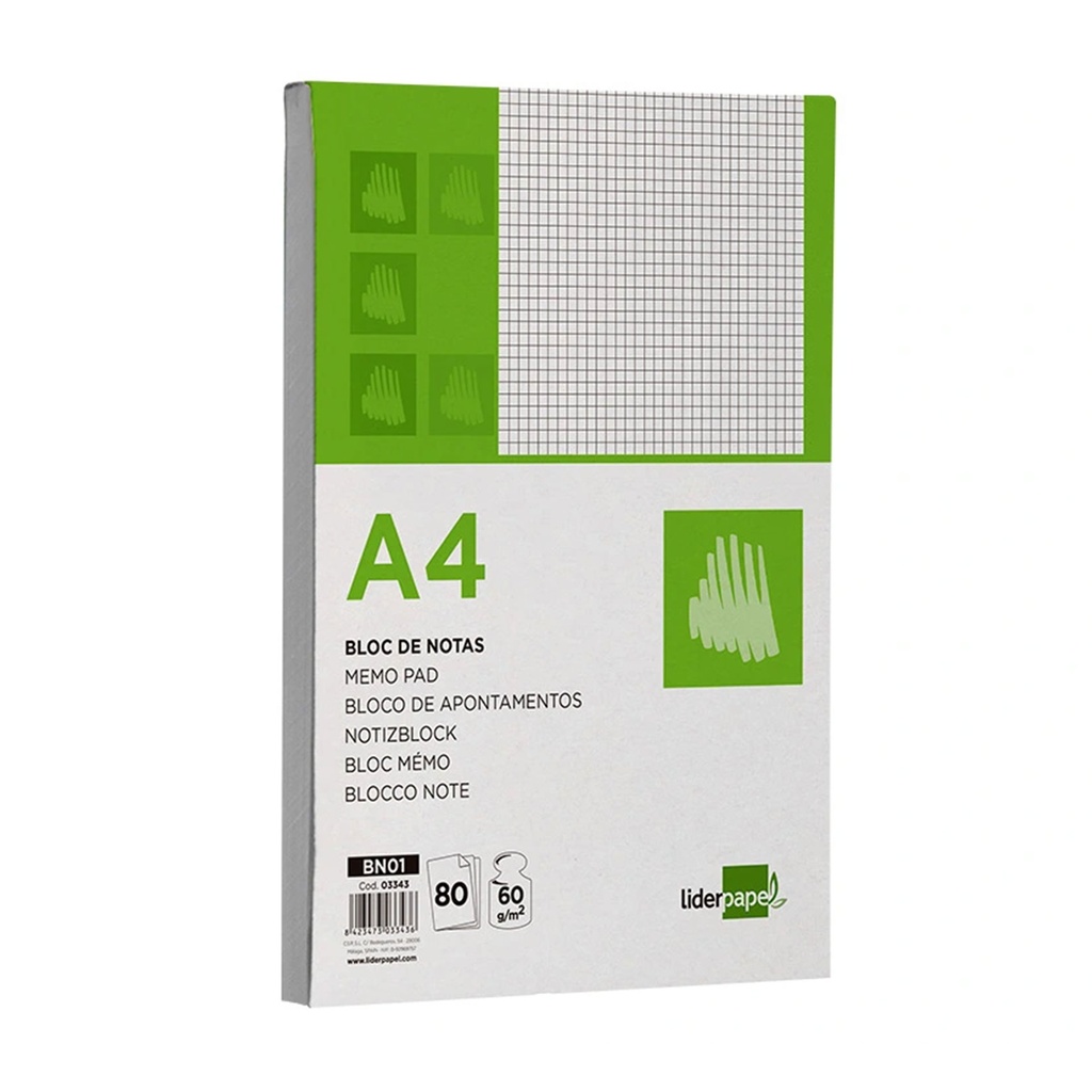 Bloc encolado y microperforado A4 cuadriculado 80 hojas