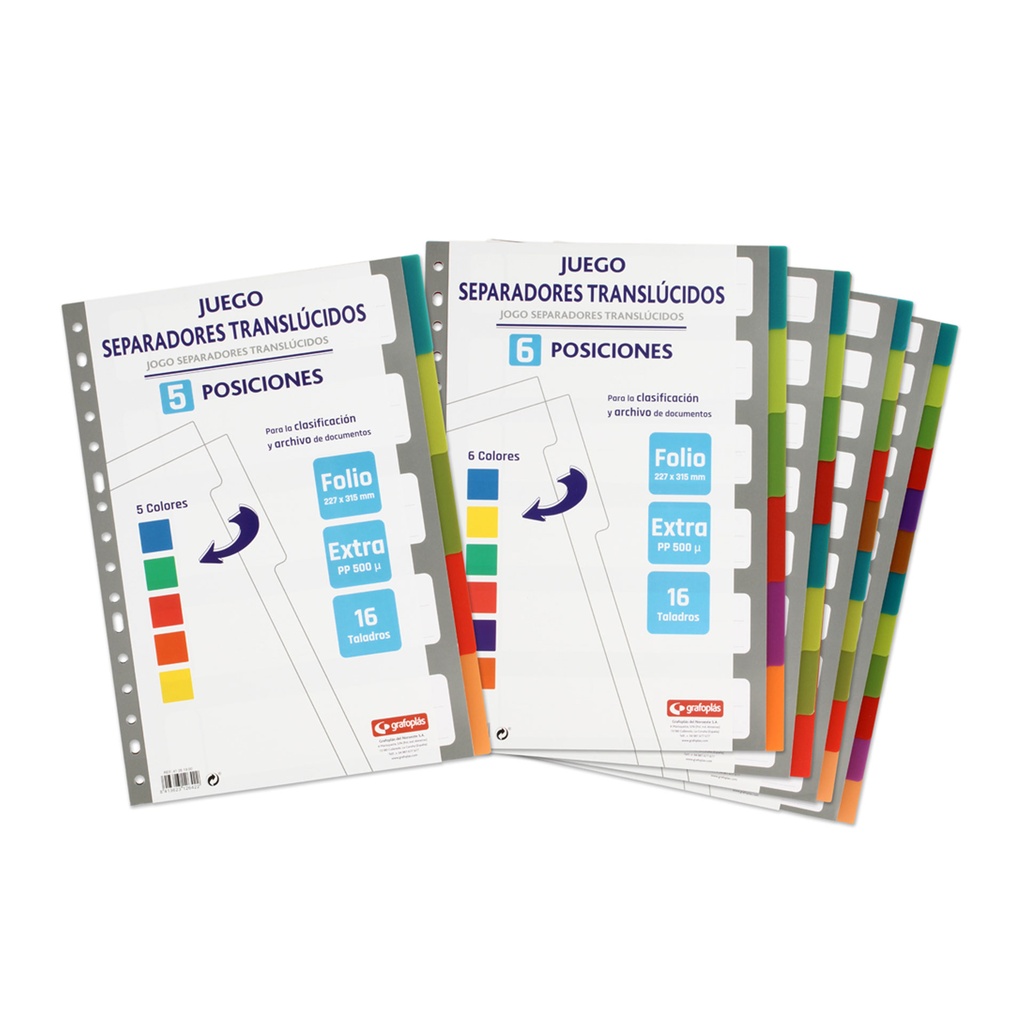 Separadores de plástico de colores translucidos 6 hojas Folio Grafoplás