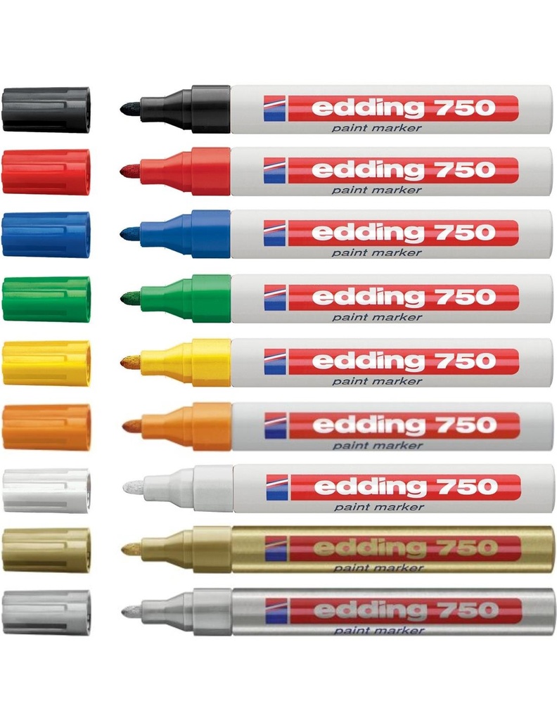 Vista general del rotulador permanente Edding 750 con cuerpo metálico, tapa de seguridad y diseño robusto para usos profesionales