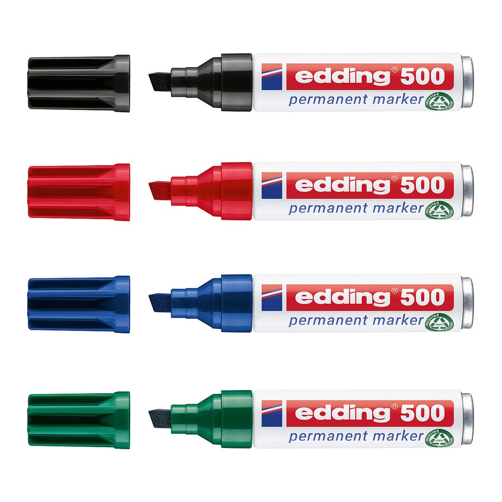 Cuatro rotuladores Edding 500 en colores negro, rojo, azul y verde alineados horizontalmente.