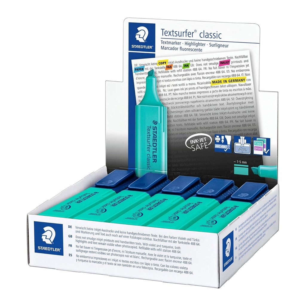 Rotulador fluorescente turquesa Staedtler Textsurfer Classic en caja individual con descripción multilingüe