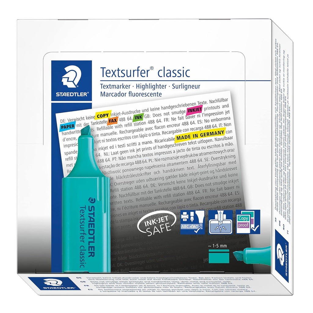 Expositor de rotuladores fluorescentes Staedtler Textsurfer Classic turquesa, ideal para oficinas y papelerías