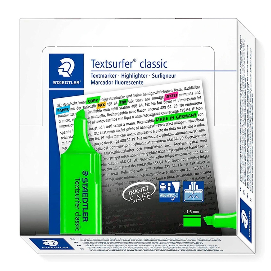 Rotulador fluorescente verde Staedtler Textsurfer Classic 364 en envase individual con especificaciones