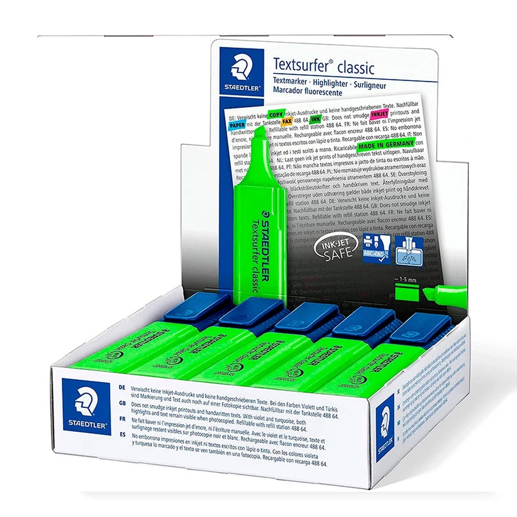 Expositor de rotuladores fluorescentes Staedtler Textsurfer Classic verde con presentación de 10 unidades