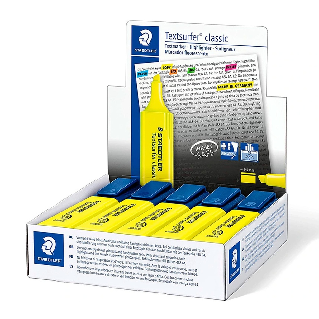 Rotulador fluorescente amarillo Staedtler Textsurfer Classic 364 en caja individual con información técnica