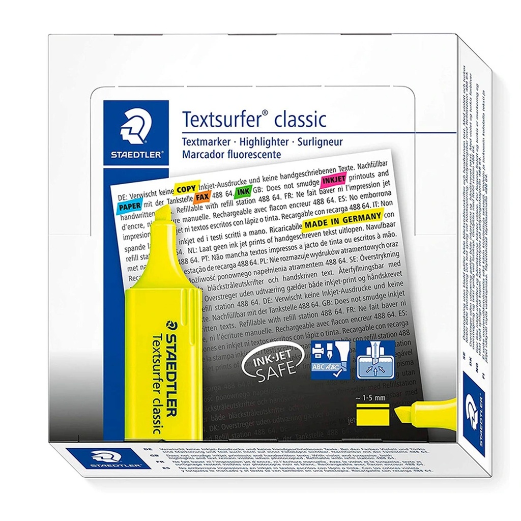Expositor de rotuladores fluorescentes Staedtler Textsurfer Classic amarillo con 10 unidades