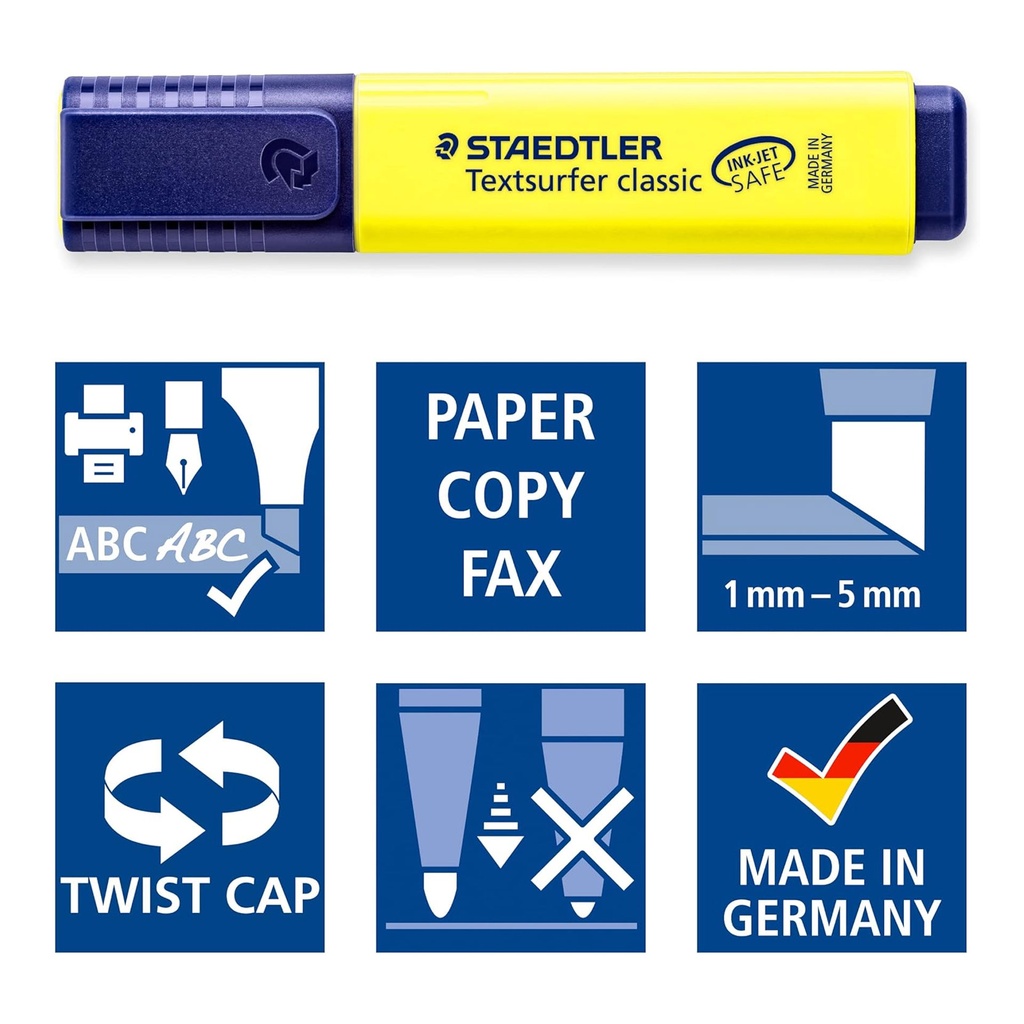 Rotulador fluorescente Staedtler Textsurfer Classic con especificaciones de uso y punta de 1-5 mm