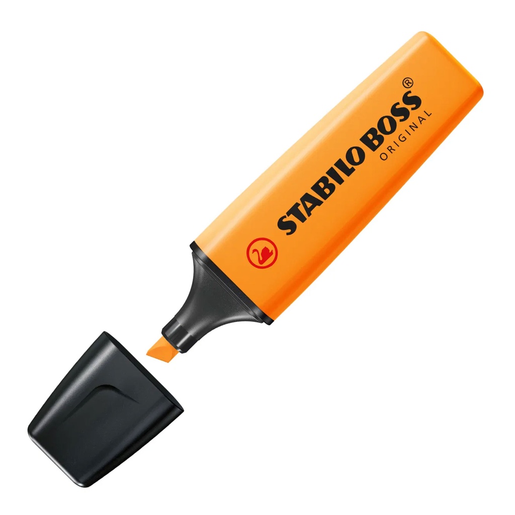 Rotulador fluorescente Stabilo Boss naranja con su tapón retirado
