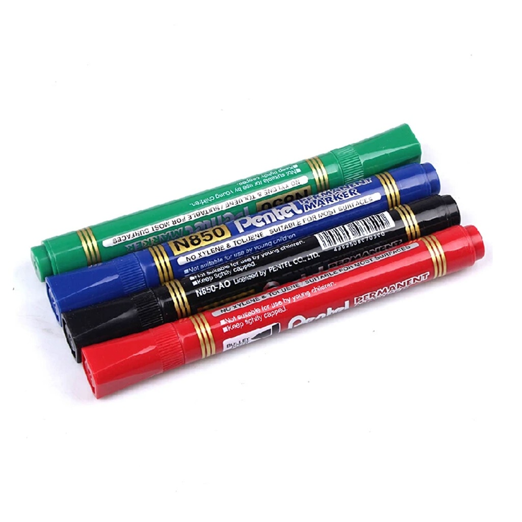 Rotuladores Pentel N850 en colores surtidos apilados sobre superficie blanca