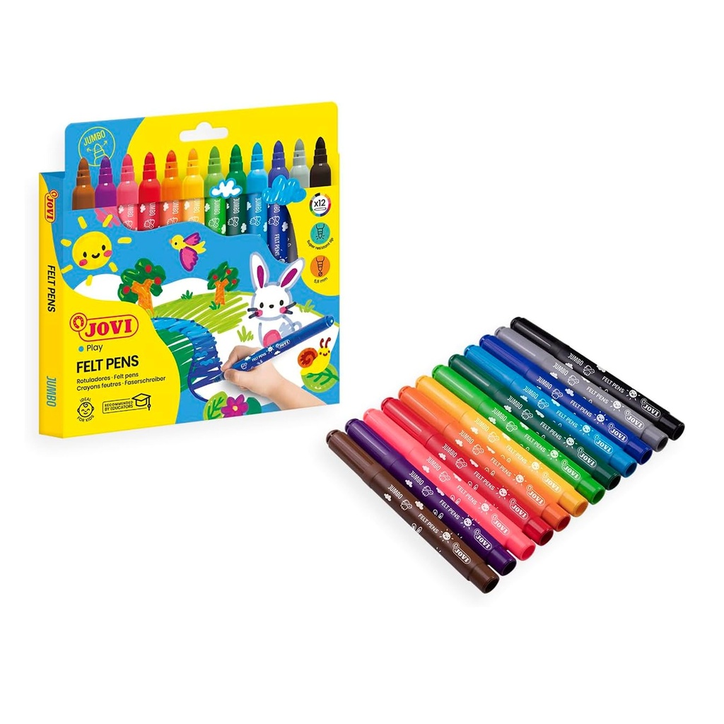 Niños usando rotuladores Jovi Maxi 12 colores en dibujo artístico escolar