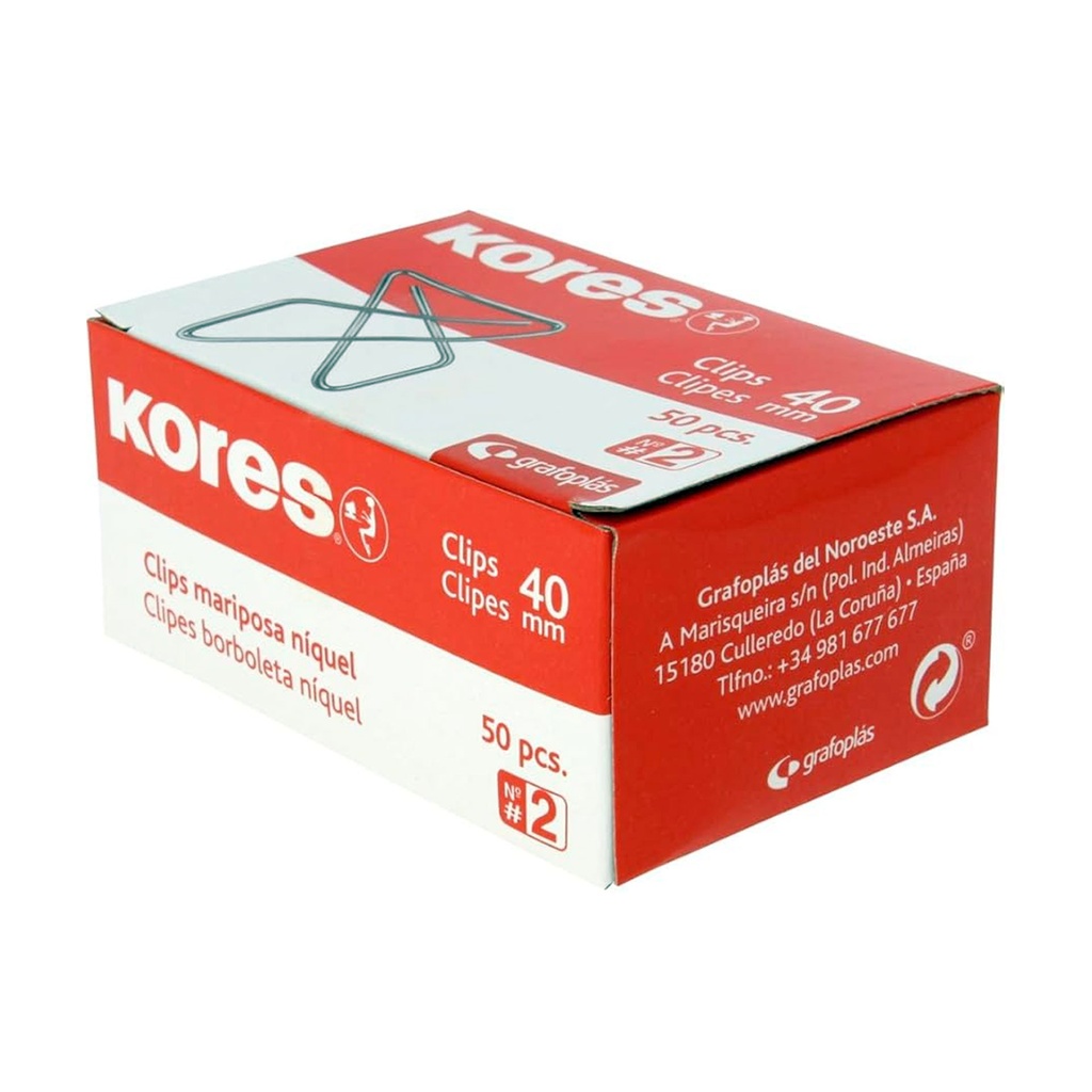 Clips mariposa niquelados 40 mm en caja de 50 unidades Kores