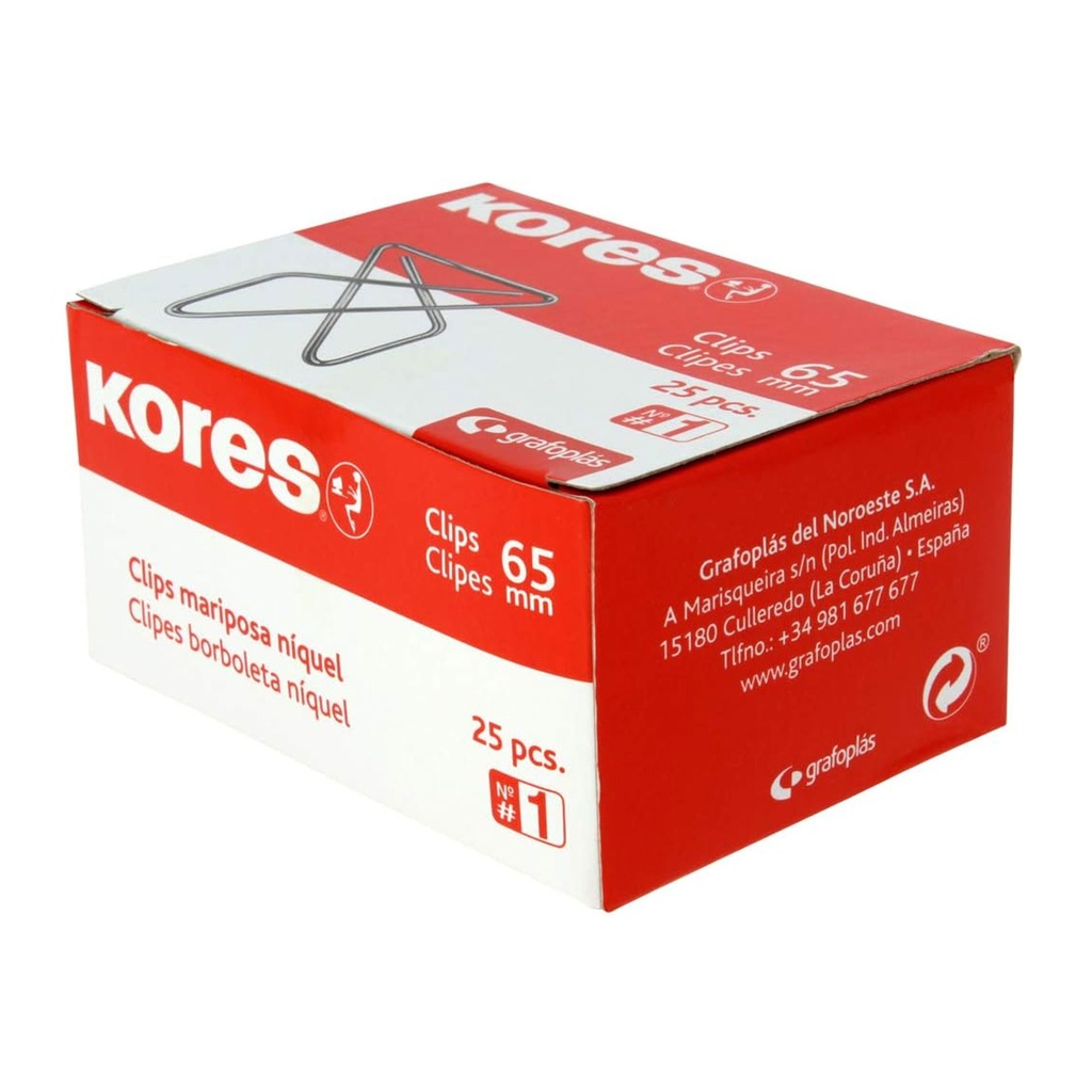 Caja de 25 clips mariposa niquelados Kores