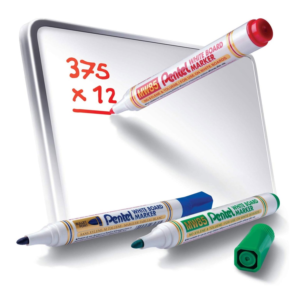 Rotulador para pizarra blanca Pentel MW85 rojo escribiendo en pizarra con trazos visibles, acompañado de rotuladores azul, verde y negro