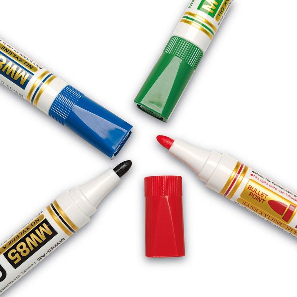 Punta redonda de los rotuladores Pentel MW85 en colores rojo, negro, azul y verde con sus respectivos tapones