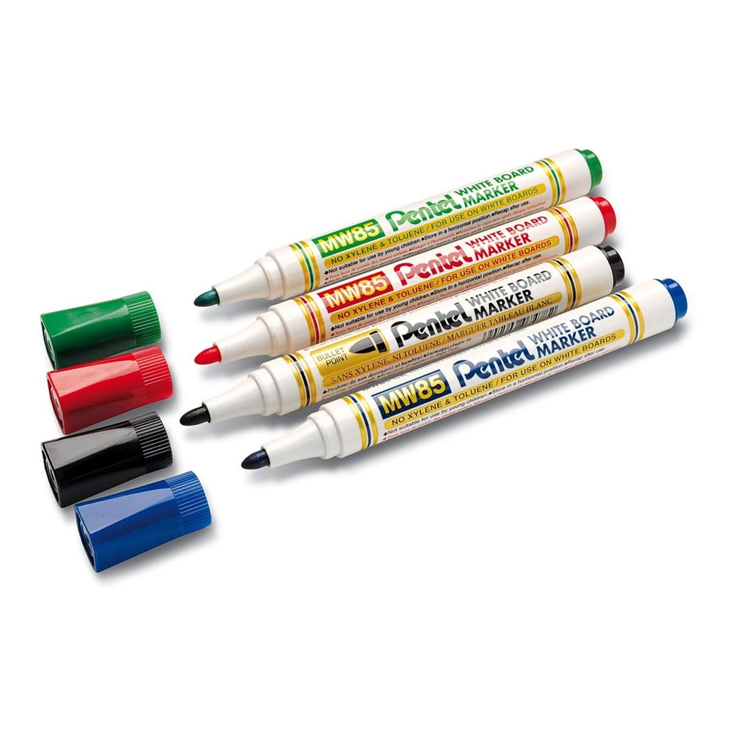 Cuatro rotuladores Pentel MW85 para pizarra blanca en colores verde, rojo, negro y azul con las tapas alineadas
