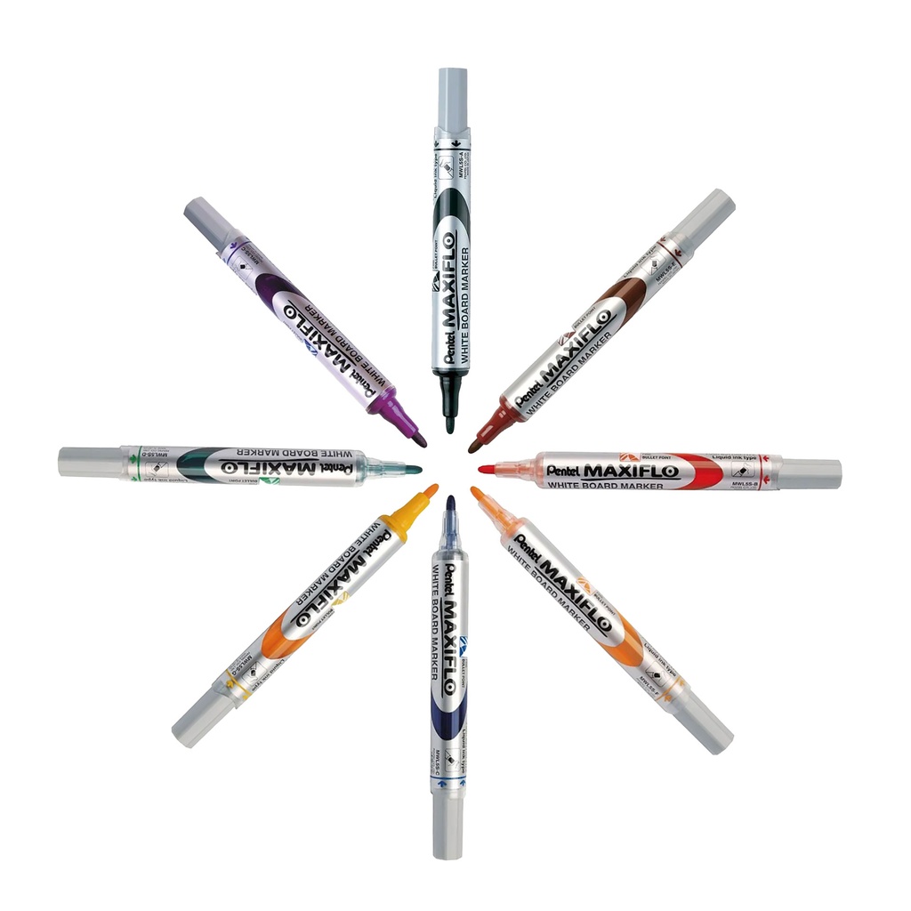 Gama de colores del rotulador Pentel Maxiflo MWL5S dispuestos en forma circular, todos con tinta líquida y punta fina