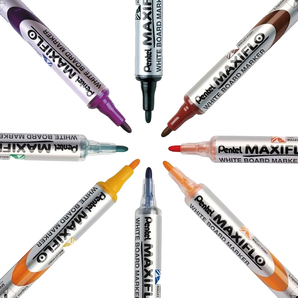 Variedad de colores del rotulador Pentel Maxiflo MWL5S dispuestos en estrella, con punta fina y diseño profesional