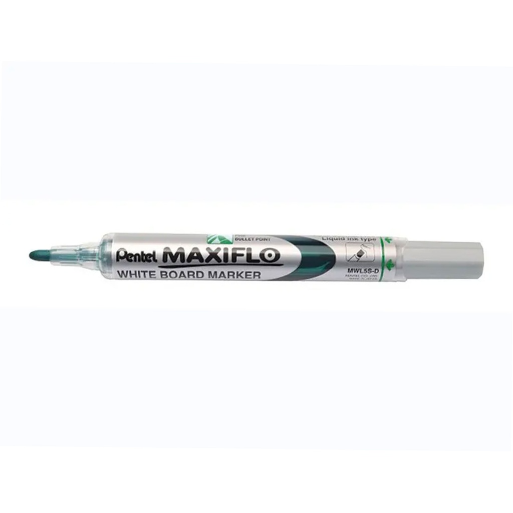 Rotulador Pentel Maxiflo MWL5S verde para pizarra blanca, con punta cónica fina y sistema de tinta líquida continua