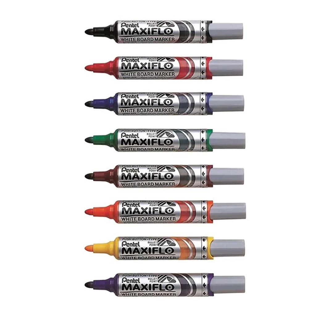 Gama completa de rotuladores Pentel Maxiflo MWL5M punta media con todos los colores disponibles alineados en vista lateral