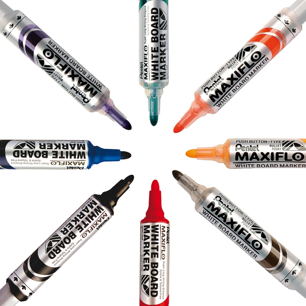 Vista ampliada de los rotuladores Pentel Maxiflo MWL5M punta media con colores vivos y sistema Maxiflo de tinta líquida