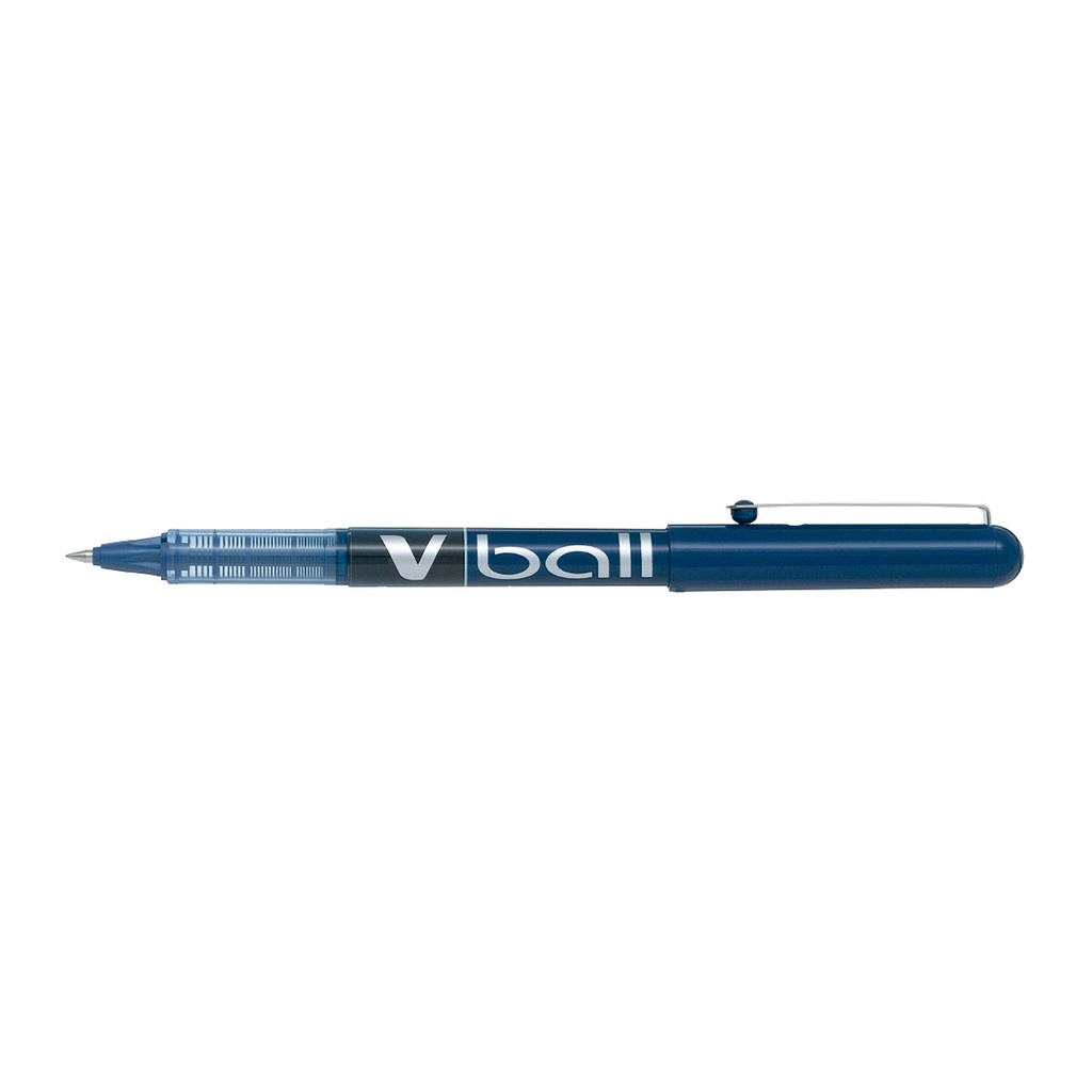 Bolígrafo Pilot V-Ball 0,5 azul visto de lado con punta metálica extrafina y cuerpo transparente