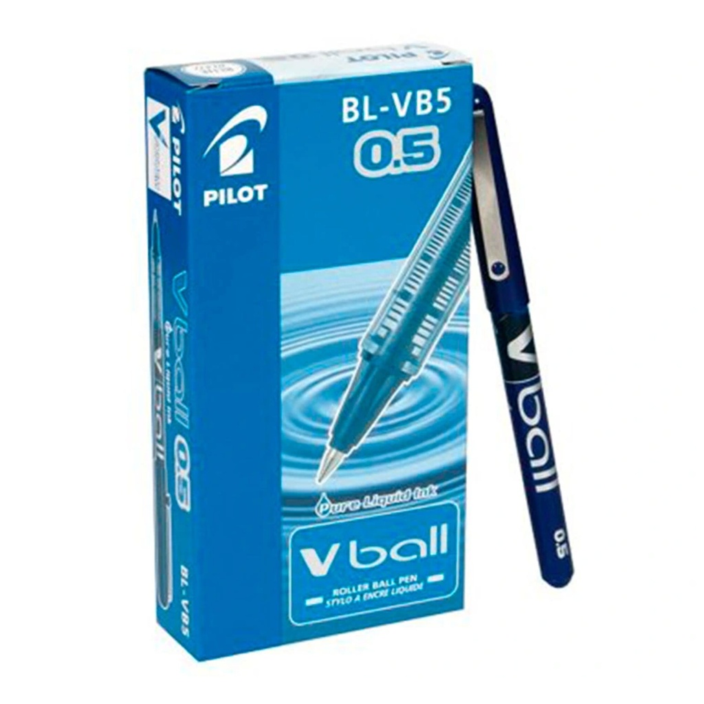 Caja original del bolígrafo Pilot V-Ball 0,5 azul con bolígrafo apoyado verticalmente sobre el embalaje