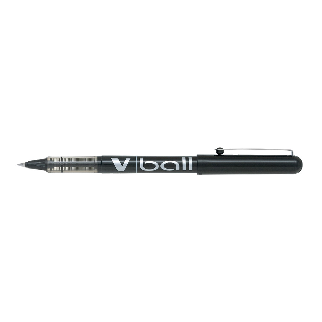 Bolígrafo roller Pilot V-Ball 0,5 negro en vista lateral con tapa colocada y punta metálica extrafina