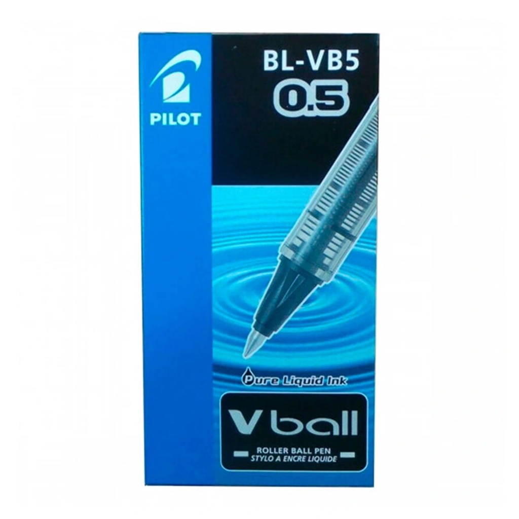 Caja original del bolígrafo Pilot V-Ball 0,5 negro con imagen ampliada de la punta y logotipo de Pilot