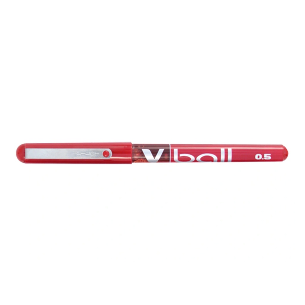 Caja original del bolígrafo Pilot V-Ball 0,5 rojo modelo BLN-VBG5 con diseño en rojo y azul
