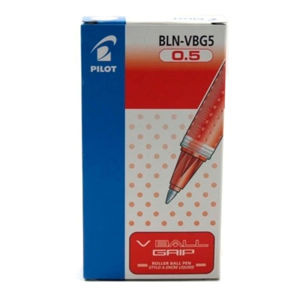 Bolígrafo roller Pilot V-Ball 0,5 rojo visto de lado con tapa colocada y punta metálica extrafina